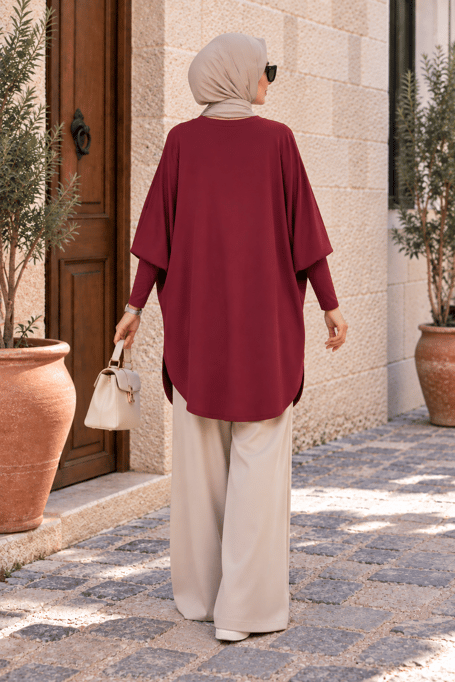 Yarasa Kol Patchwork Tunik Kırmızı