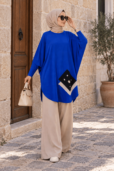 Yarasa Kol Patchwork Tunik Saks Mavisi