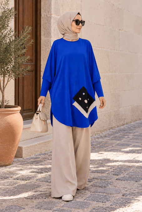 Yarasa Kol Patchwork Tunik Saks Mavisi