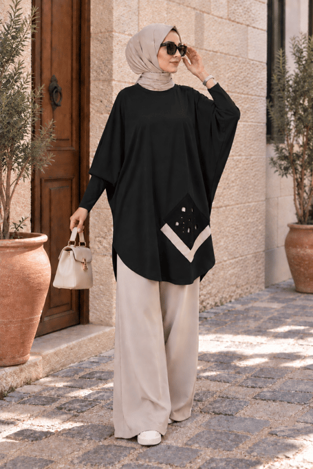Yarasa Kol Patchwork Tunik Siyah