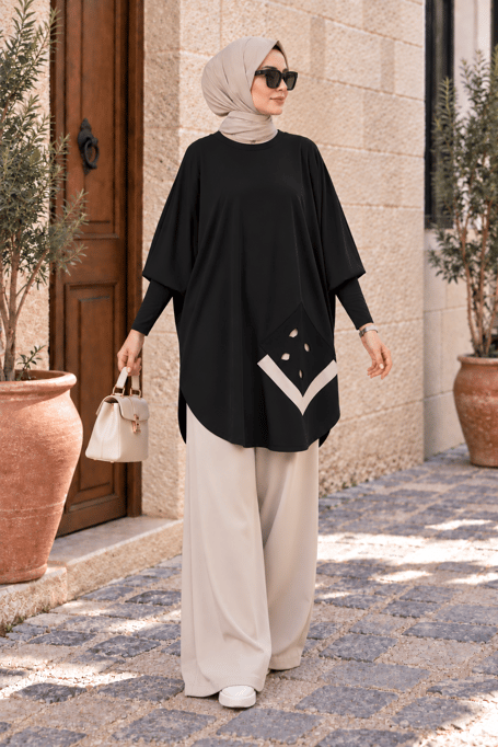 Yarasa Kol Patchwork Tunik Siyah