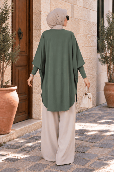 Yarasa Kol Patchwork Tunik Yeşil