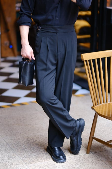 İtalyan Model Çift Kemer Detaylı Baggy Pantolon Siyah