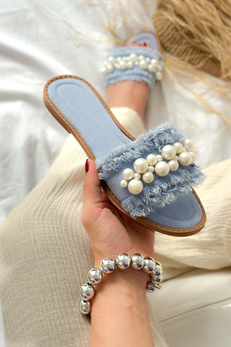 Mila Mavi Kot İnci Detay Kadın Terlik