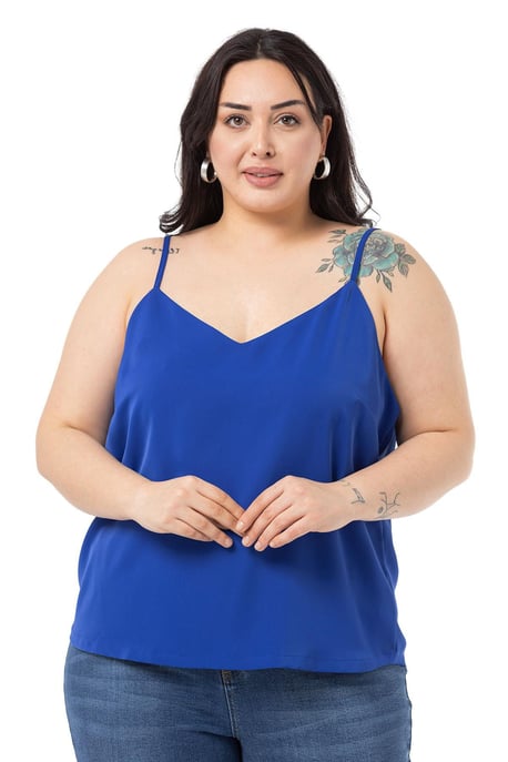 Plus Size Adjustable Thin Strap V Neck Sax Blue Blouse