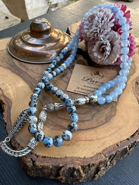 Aquamarine ve K2 Jasper( Raindrope Azurit) Doğaltaş Tesbih 99''luk  mm 