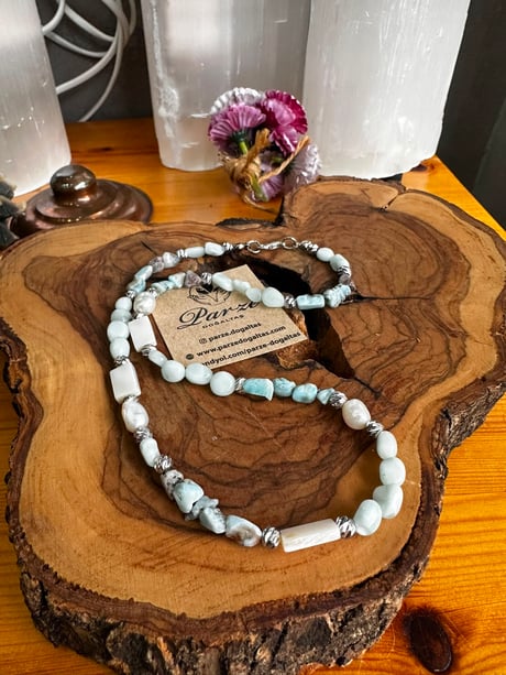 Larimar ve Hemimorfit Doğaltaş Tasarım Kolye 