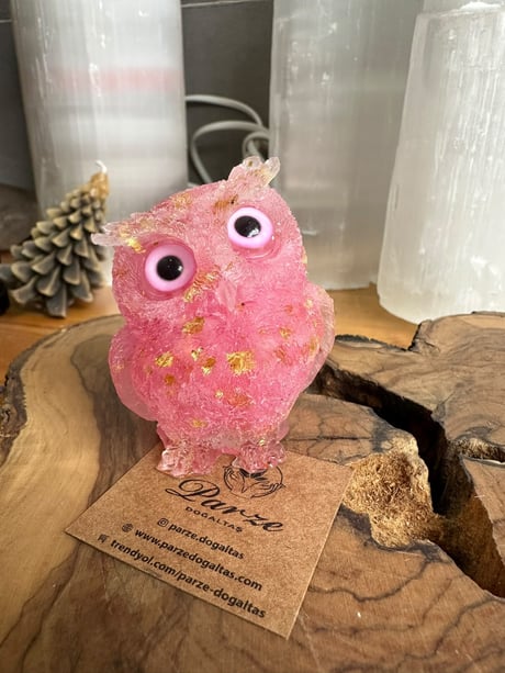 Pembe Kuvars  Doğal Taş Orgonit Baykuş Obje 