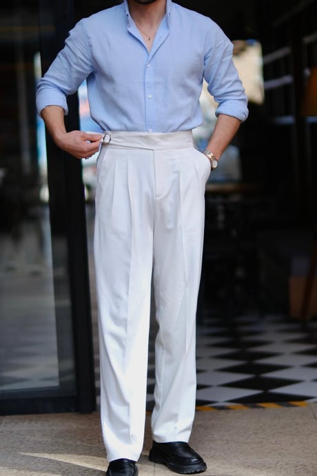 İtalyan Model Çift Kemer Detaylı Baggy Pantolon Beyaz