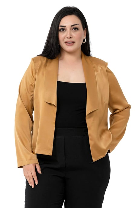 Plus Size Shawl Collar Unlined Short Satin Camel Jacket