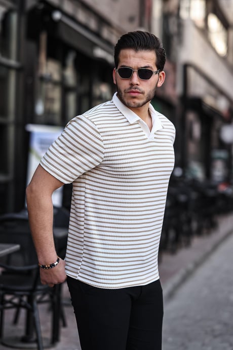  Polo V Yaka Örme Tişört - Bej