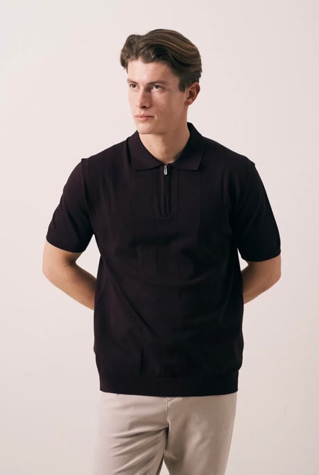 Ritchie Fermuarlı Polo Yaka Dikey Çizgili Kısa Kollu İnce Triko Erkek T-Shirt - Bordo