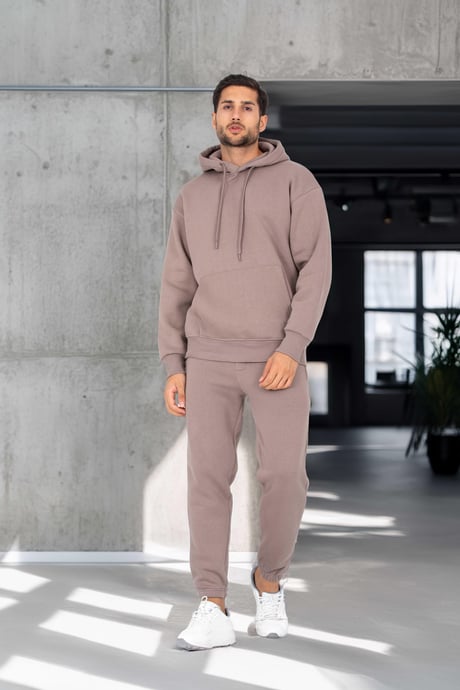 Şardonlu Kanguru Cepli Sweatshirt - 3 İplik Şardonlu Lastik Paça Erkek Eşofman Altı- Eşofman Takımı - Vizon