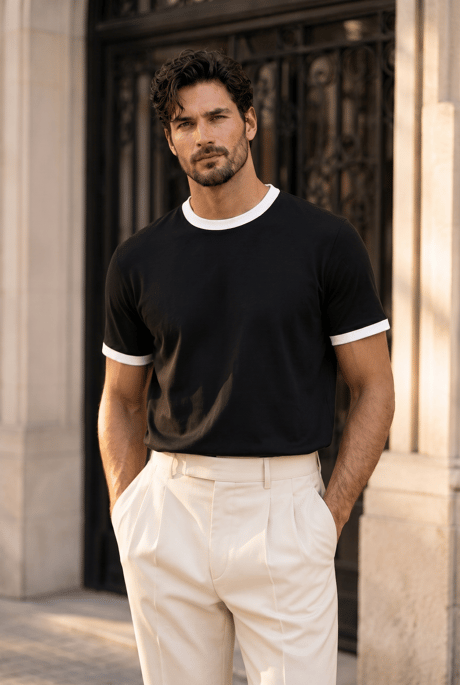 Capra Yaka Kol Biyeli Basic Pamuk Likralı İki İplik Erkek T-Shirt - Siyah