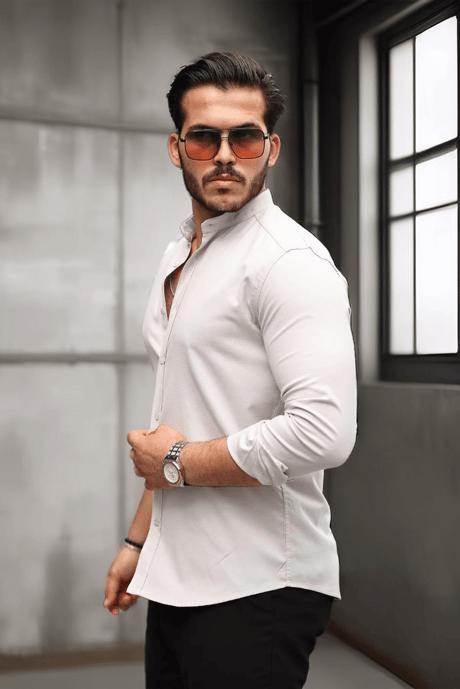 Hakim Yaka Oxford Kumaş Uzun Kol Gömlek - Taş