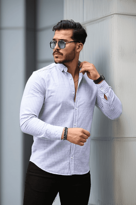 Nefes Alabilir Zarif Günlük Carina Çizgili Pamuklu Erkek Gömlek - Mavi