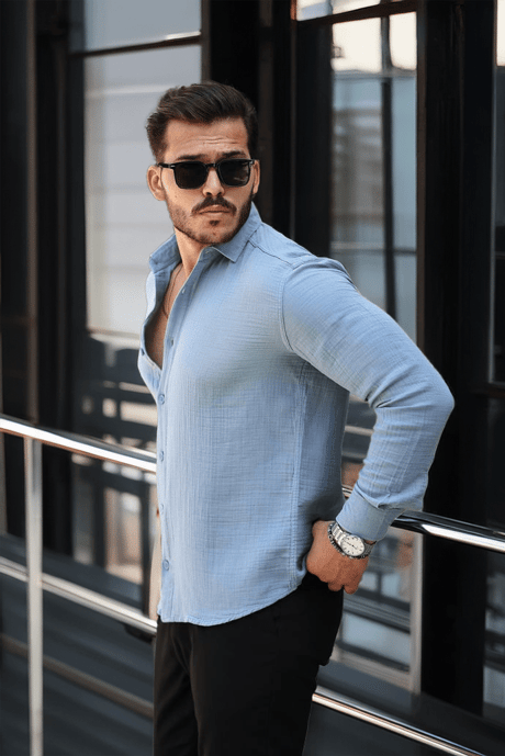 Nefes Alabilir Yarım Oversize Müslin Kumaş Uzun Kol Yakalı Erkek Gömlek - Soğuk Mavi