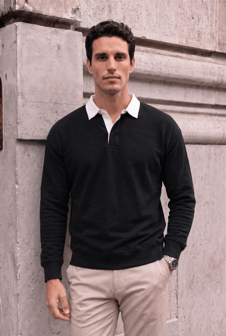 Luis Polo Yaka Selanik Örme Kumaş Erkek Sweatshirt - Siyah