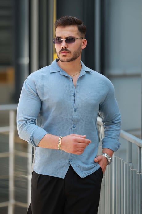 Apaş Yaka Oversize Müslin Kumaş Gömlek - Soğuk Mavi