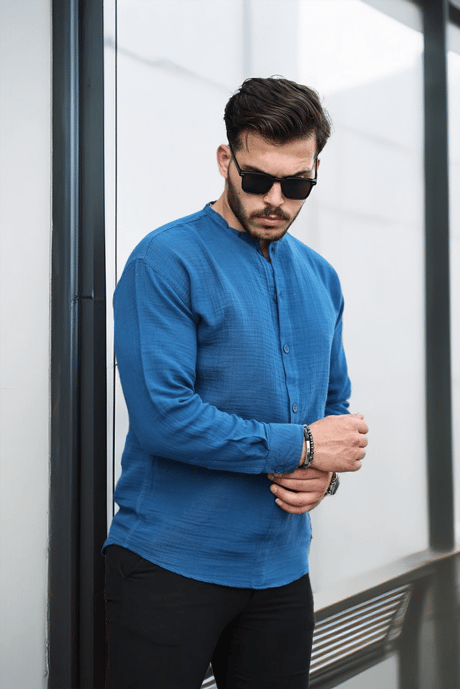 Hafif ve Nefes Alabilir Erkek Müslin Yarım Pat Hakim Yaka Oversize Gömlek -İndigo 