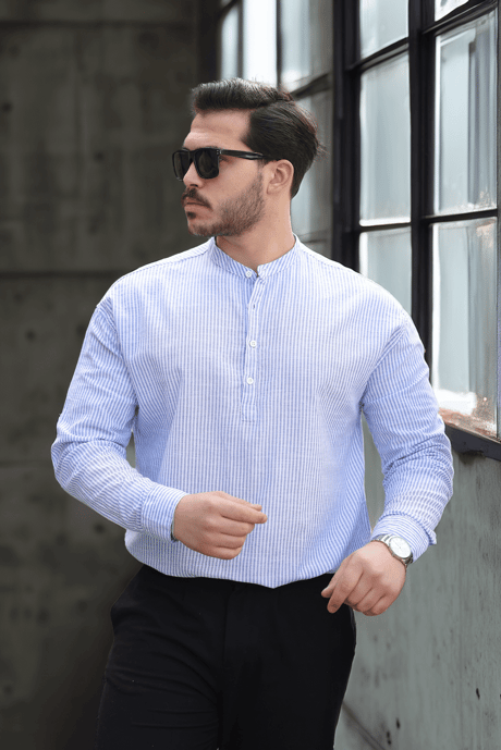 Yarım Pat Dik Şeritli Flam Keten Erkek Gömlek - Mavi