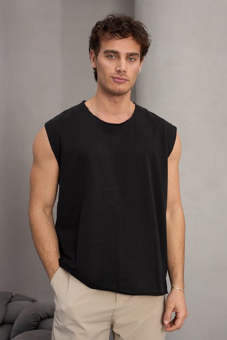 Mantius Oversize Bisiklet Yaka Erkek Atlet Kolsuz T-Shirt - Siyah