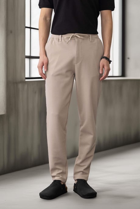 Akira Örme Pike Kumaş Beli Lastikli Fermuarlı Erkek Pantolon - Bej