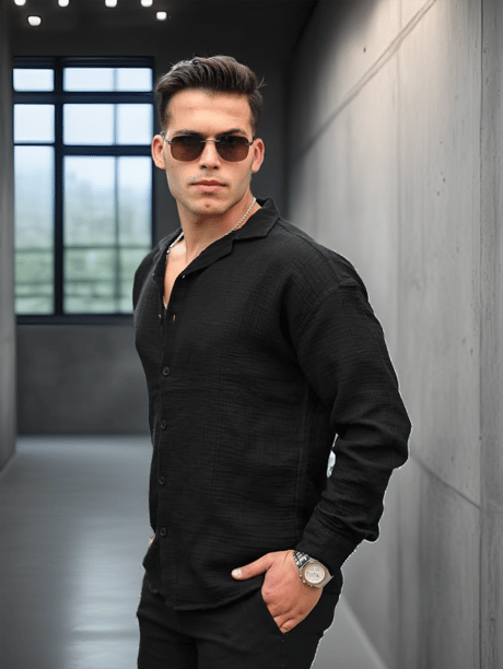 Apaş Yaka Oversize Müslin Kumaş Gömlek - Siyah