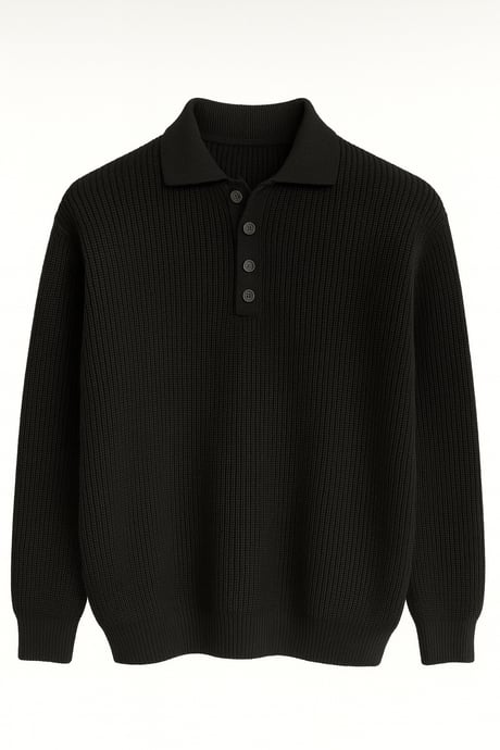 Oversize Selanik Örgü 4 Düğmeli Yarım Pat Rahat Kalıp Erkek Triko Kazak - Siyah