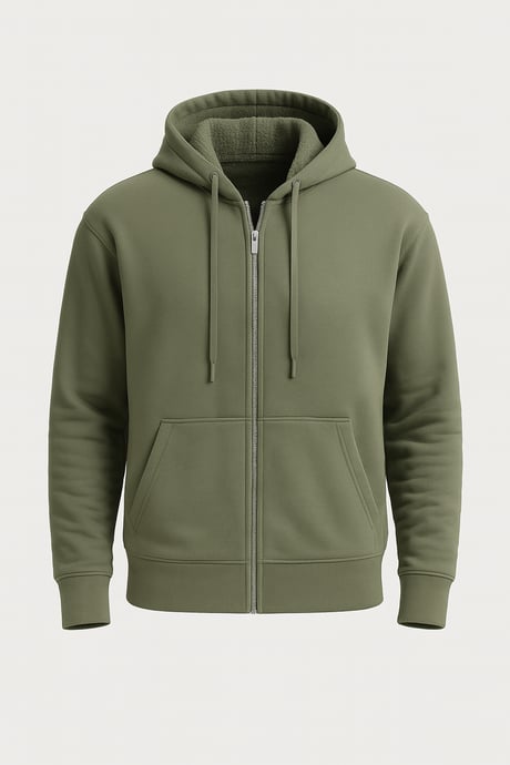 İçi Peluş Üç İplik Kumaş Oversize Fermuarlı Kapüşonlu Sweatshirt- Avcı Yeşili