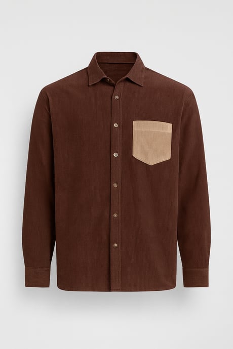 Cep Detaylı Fitilli Kadife Gömlek - Koyu Kahve