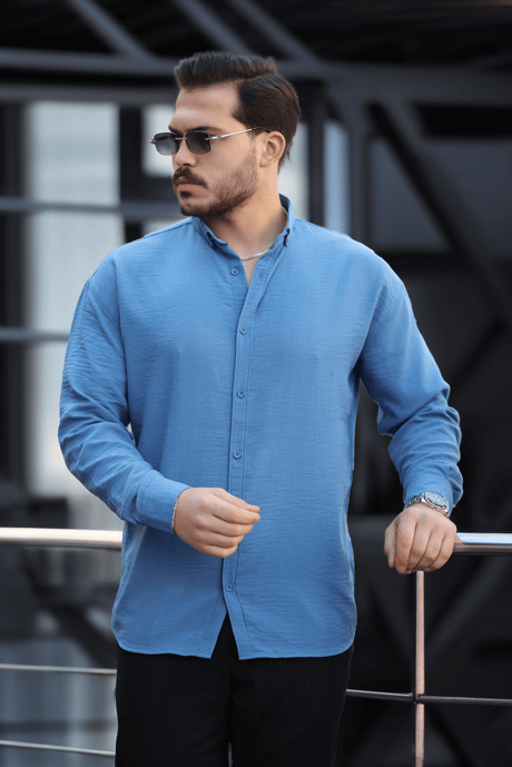 Pera Kumaş Keten Görünümlü Yarım Oversize Uzun kollu Erkek Gömlek - Mavi
