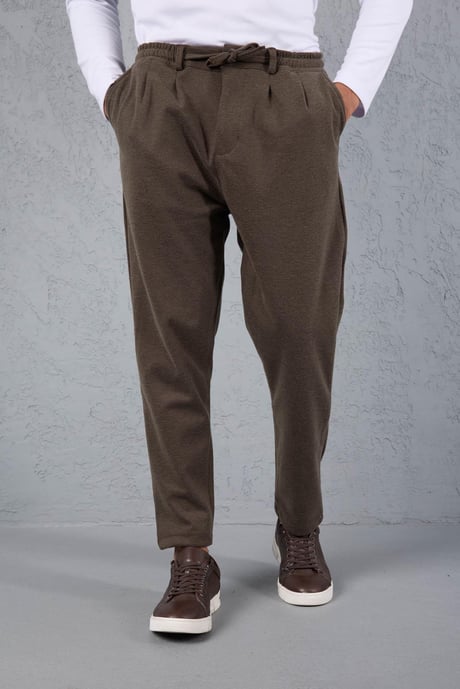 Milos Relax Fit Örme Kaşe Kumaş Fermuarlı Beli Lastikli Jogger Erkek Pantolon - Vizon