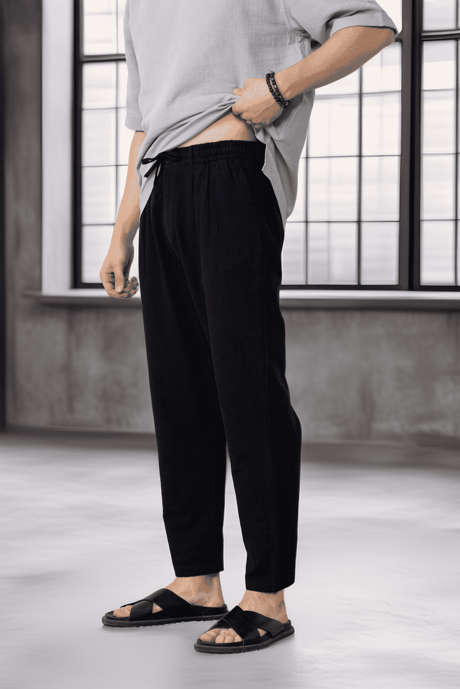 Pamuk Flamli Rahat Kalıp  Düz Paça Jogger Erkek Pantolon - Siyah