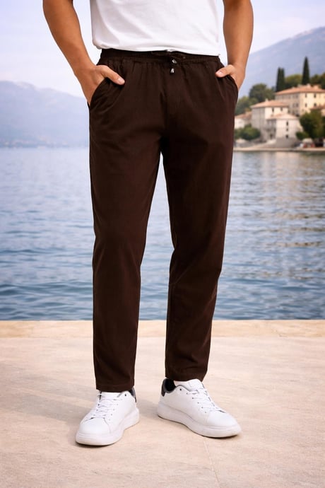 Meridian Kumaş Relaxed Fit %100 Pamuklu Jogger Erkek Yazlık Eşofman Altı Pantolon - Kahve