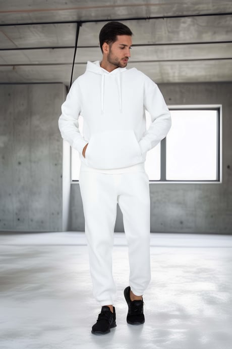 Şardonlu Kanguru Cepli Sweatshirt - 3 İplik Şardonlu Lastik Paça Erkek Eşofman Altı- Eşofman Takımı - Ekru