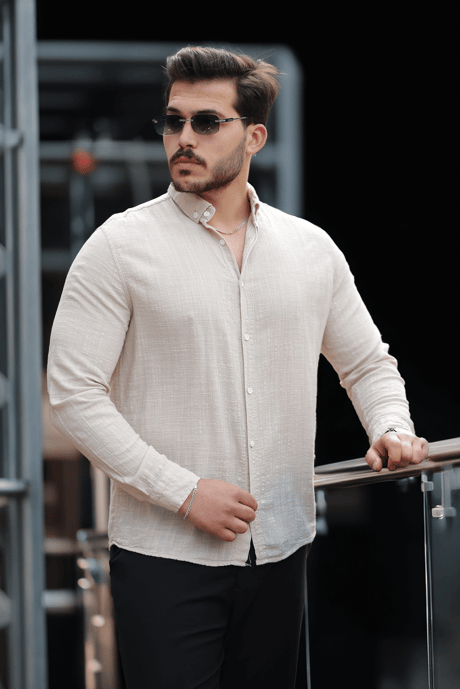 Bien Pamuk Keten Erkek Gömlek - Bej