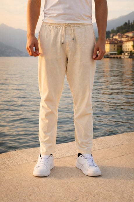 Meridian Kumaş Relaxed Fit %100 Pamuklu Jogger Erkek Yazlık Eşofman Altı Pantolon - Ekru