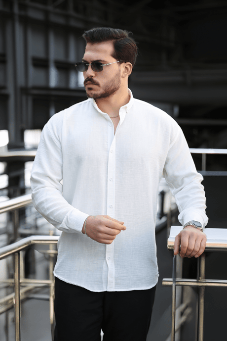 Pera Kumaş Keten Görünümlü Yarım Oversize Uzun kollu Erkek Gömlek - Beyaz