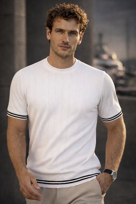 Dale Kolları Şeritli Bisiklet Yaka İnce Triko Örme Regular Fit Erkek T-Shirt - Ekru
