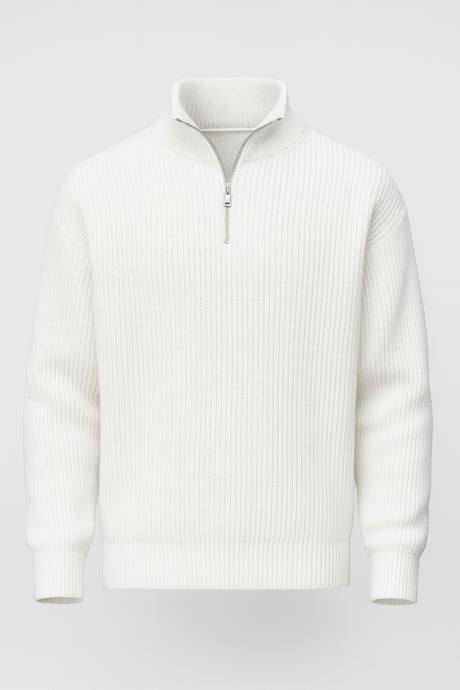 Nolan Oversize Selanik Örgü Yarım Fermuar Erkek Triko Kazak - Ekru