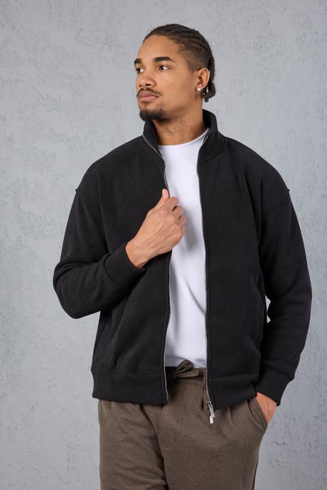 Ron Selanik Örme İçi Peluş Çift Fermuarlı Dik Yaka Erkek Hırka Sweatshirt  - Siyah