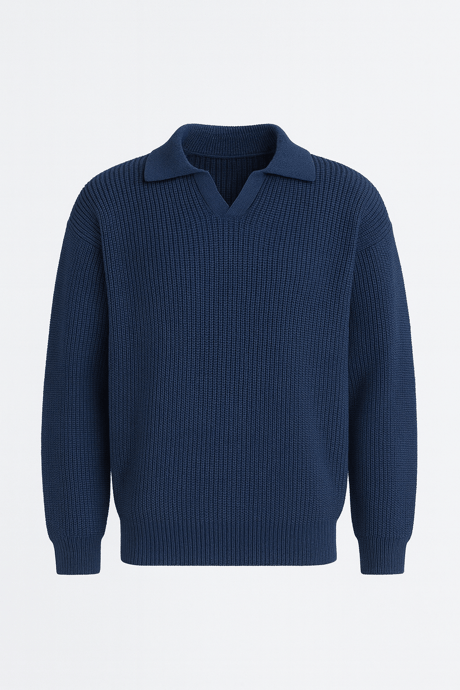 Joris Oversize Gömlek Polo Yaka Selanik Örgülü Erkek Triko Kazak - İndigo