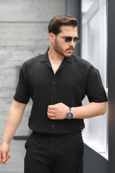 Yarım Oversize Apaş Yaka Kısa Kol Müslin Kumaş Erkek Gömlek - Siyah