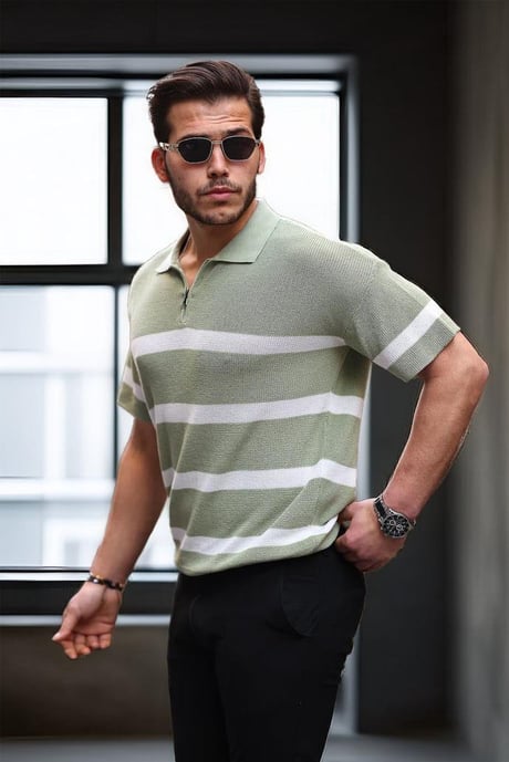 Yarım Fermuar Çizgili Oversize Triko T-Shirt - Yeşil