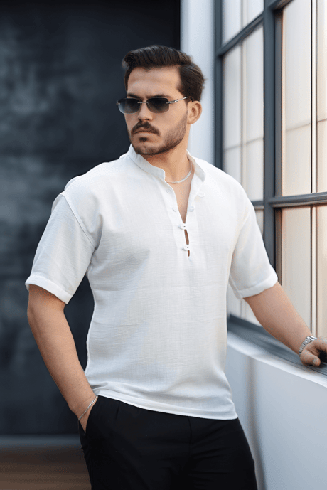 Wes Oversize Yarım Pat Bambu Kısa kol Gömlek - Beyaz