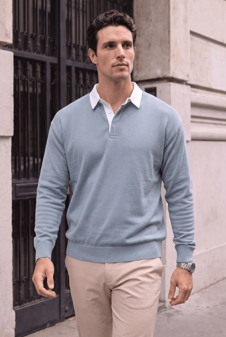 Luis Polo Yaka Selanik Örme Kumaş Erkek Sweatshirt - Soğuk Mavi