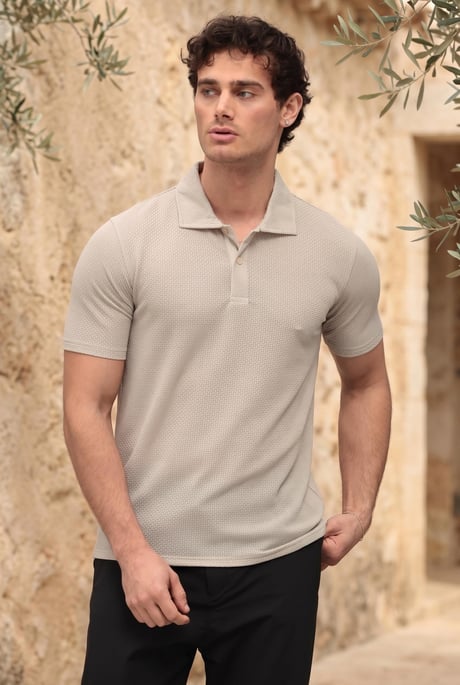 Evenor Kabartma Desenli Polo Yaka Düğmeli Relaxed Fit Yumuşak İnce Erkek T-Shirt - Taş