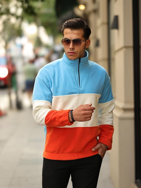 3 Renk Yarım Fermuar Polar Sweatshirt - Bebe Mavi/Ekru/Turuncu