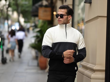 3 Renk Yarım Fermuar Polar Sweatshirt - Ekru/Füme/Siyah
